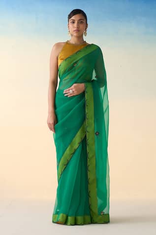 Janki India Green Hand Embroidered Organza Saree Set 