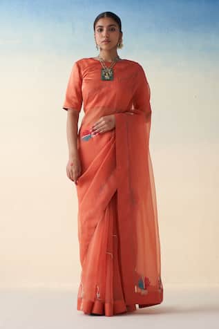 Janki India Rust Orange Hand Embroidered Saree Set 