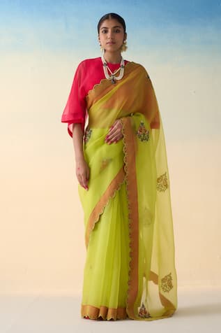 Janki India Lime Yellow Hand Embroidered Saree Set 
