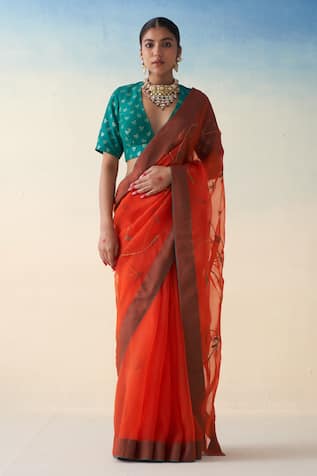 Janki India Rust Orange Hand Embroidered Saree Set 