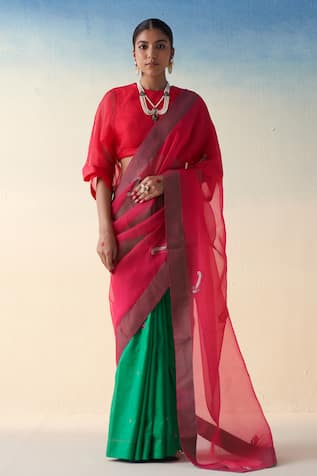 Janki India Green & Fuchsia Hand Embroidered Saree 
