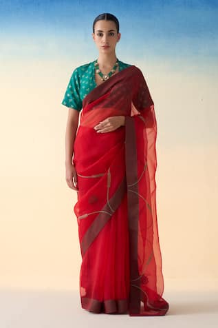 Janki India Red Hand Embroidered Organza Saree Set 