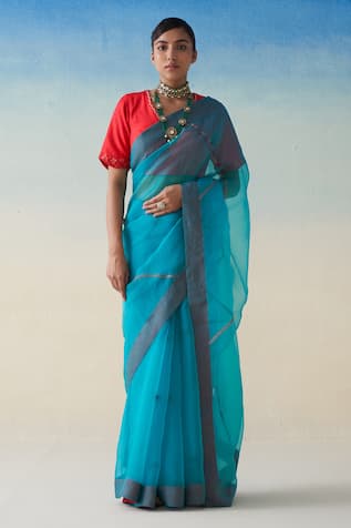 Janki India Turquoise Hand Embroidered Saree Set 