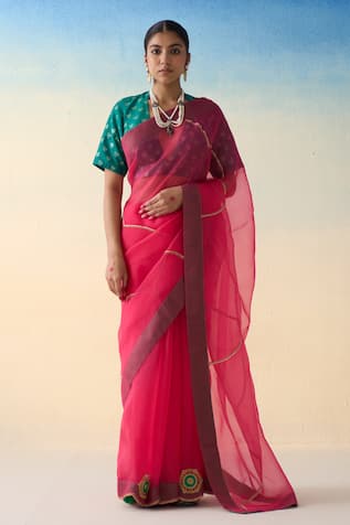 Janki India Fuchsia Pink Hand Embroidered Saree Set 