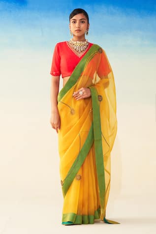Janki India Yellow Hand Embroidered Organza Saree 