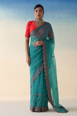 Janki India Turquoise Hand Embroidered Saree Set 