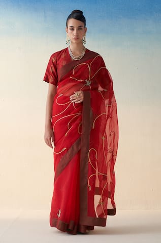 Janki India Red Hand Embroidered Organza Saree Set 