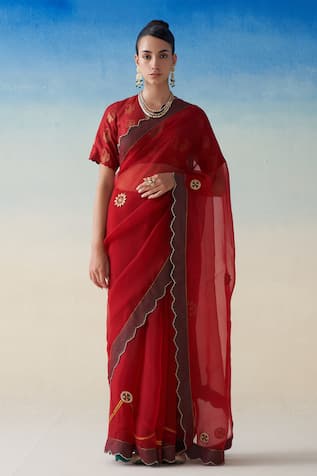 Janki India Red Hand Embroidered Organza Saree Set 