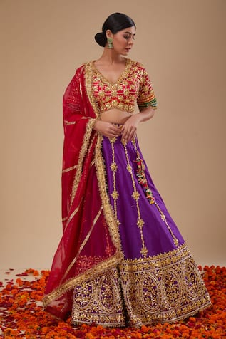 Preeti S Kapoor Multicolor Blouse & Purple Lehenga Set 