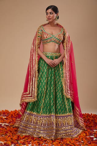 Preeti S Kapoor Multicolor Blouse & Green Lehenga Set 