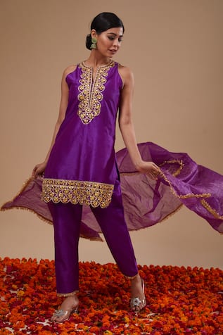 Preeti S Kapoor Purple Straight Kurta Pant Set 