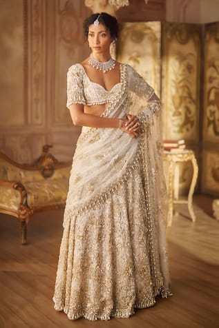 Seema Gujral Ivory Gold Lehenga Saree Set 