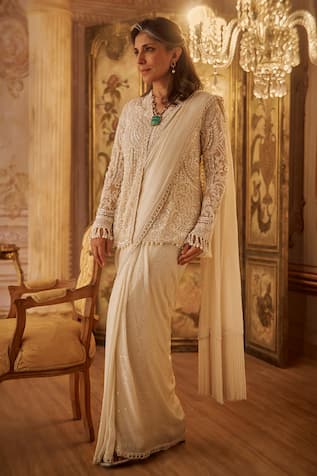 Seema Gujral Ivory Pearl Jacket Pre-Draped Saree Set 