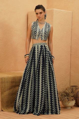 Embellished Crop Top & Pleated Lehenga Set 