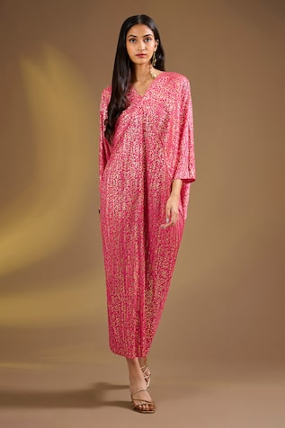 Ajiesh Oberoi Hot Pink Metallic Gold Aurora Kaftan 