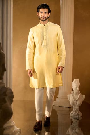 Yellow Silk Blend Kurta & Off-white Aligadhi Pants 