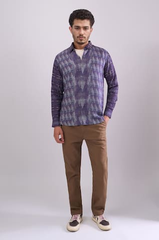 Aryavir Malhotra Navy Blue Digital Print Slim Fit Shirt 