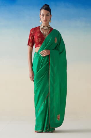 Janki India Green Hand Embroidered Silk Saree 