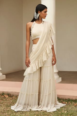 Amrta By Guneet Kondal Hand Embroidered Ruched Blouse With Tiered Sharara Saree 