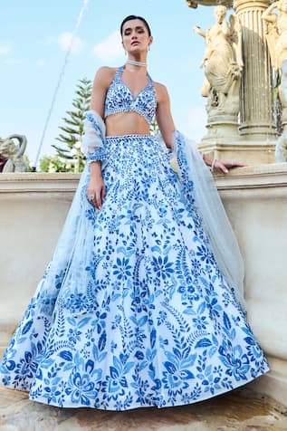 Seema Gujral Applique Blue Lehenga Set 