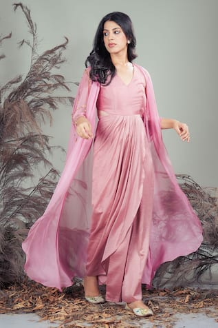 Rirasa Pink Silk Blend Dress & Cape Set 