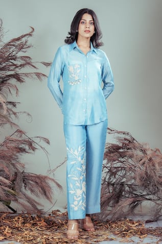 Rirasa Sky Blue Hand Embroidered Shirt with Pant 