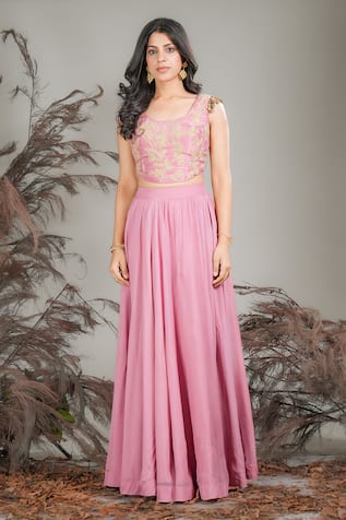 Rirasa Pink Hand Embroidered Top & Skirt Set 