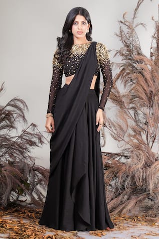 Rirasa Black Hand Embroidered Lehenga Saree Set 