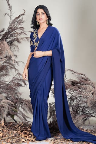 Rirasa Navy Blue Hand Embroidered Saree Set 