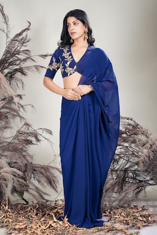 Rirasa Navy Blue Hand Embroidered Pre-Draped Saree With Blouse 