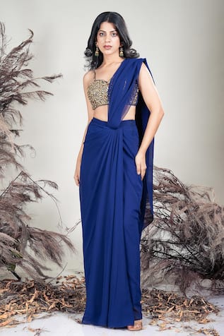 Rirasa Navy Blue Hand Embroidered Pre-Draped Saree With Blouse 