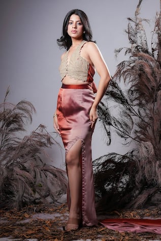 Rirasa Brown Ombre Hand Embroidered Bustier & Skirt 