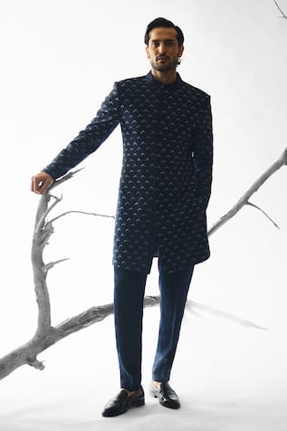 Ankit V Kapoor Rich Navy Blue Woven Sherwani & Pant Set 