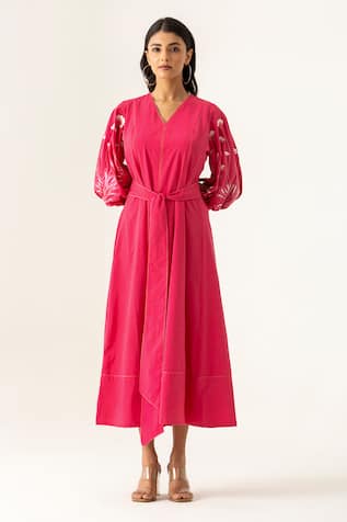 Fuchsia V-Neck Embroidered Dress With Belt 