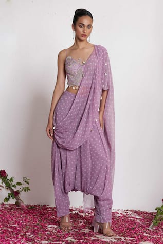 Amrta By Guneet Kondal Purple Bandhani Print Pre-Draped Saree Set 