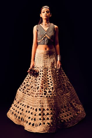 Label Anshu Khathuria Champagne Gold Padded Designer Skirt Set 