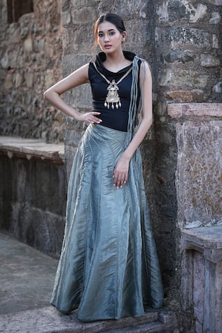 Label Anshu Khathuria Designer Grey Cording Skirt & Top Set 