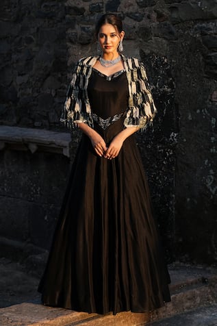 Label Anshu Khathuria Black Designer Gown With Cape 
