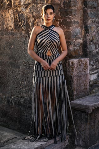 Label Anshu Khathuria Striped Tissue Designer Gown 