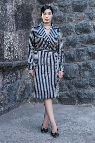 Label Anshu Khathuria Striped Designer Trenchcoat Dress 