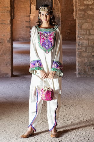 Label Anshu Khathuria Ivory Hand Embroidered Tunic & Tulip Pant Set 