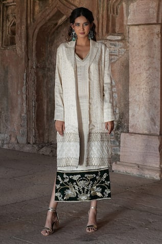 Label Anshu Khathuria Ivory & Green Handloom Dress With Jacket 