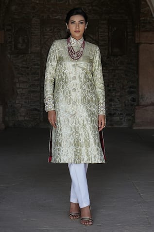 Label Anshu Khathuria Gold Brocade Sherwani Tunic & Pant Set 