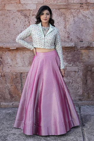 Label Anshu Khathuria Rani Pink & Green Designer Jacket Skirt Set 