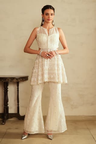 Saisha Ivory Organza Tunic & Bell Bottom Pant Set 