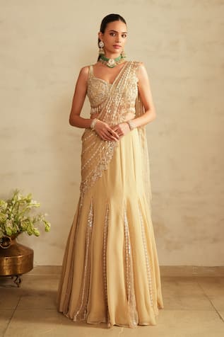 Saisha Beige Gold Pre-Draped Lehenga Saree With Blouse 