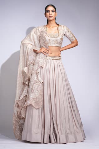 Shruti S Beige Silk Embroidered Lehenga Set 