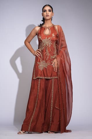 Shruti S Orange Hand-Embroidered Kurta Set 