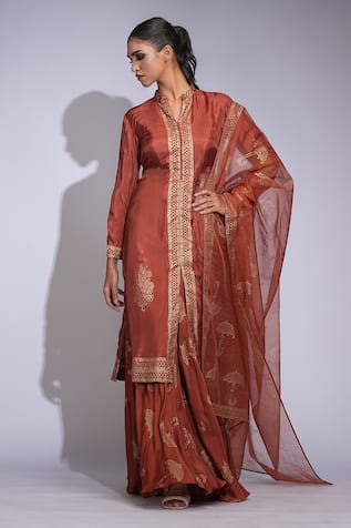 Shruti S Orange Hand Block Printed Kurta Sharara Set 