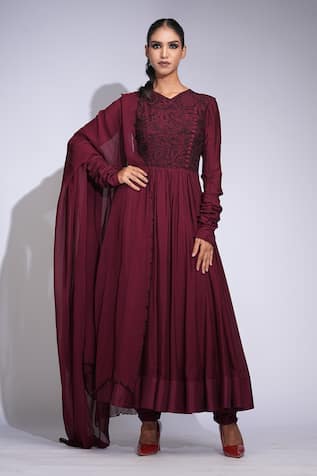 Shruti S Wine Thread Work Anarkali Set 